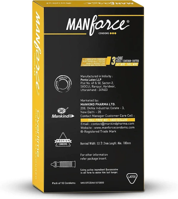 Manforce Overtime Pineapple Flavoured Condoms for Men| 3-in-1 Ribbed, Contoured, & Dotted for Extra Stimulation| Long-Lasting Pleasure | India’s No. 1* Condom Brand| Lubricated Latex Condoms