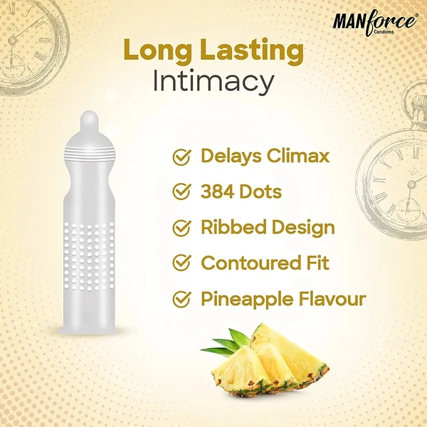 Manforce Overtime Pineapple Flavoured Condoms for Men| 3-in-1 Ribbed, Contoured, & Dotted for Extra Stimulation| Long-Lasting Pleasure | India’s No. 1* Condom Brand| Lubricated Latex Condoms
