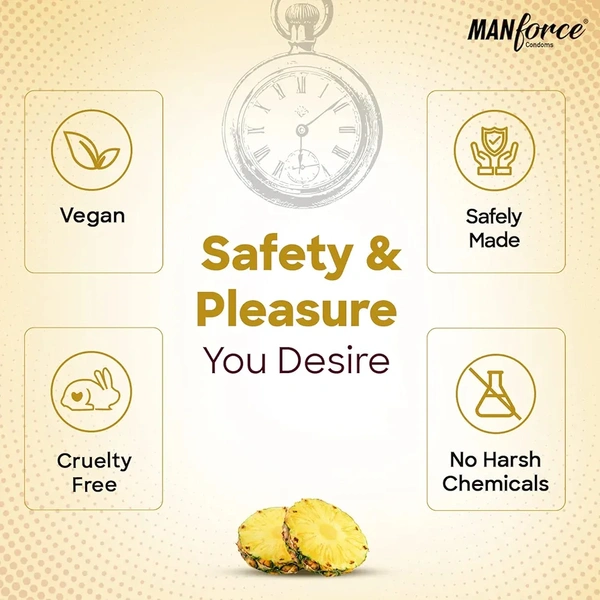 Manforce Overtime Pineapple Flavoured Condoms for Men| 3-in-1 Ribbed, Contoured, & Dotted for Extra Stimulation| Long-Lasting Pleasure | India’s No. 1* Condom Brand| Lubricated Latex Condoms