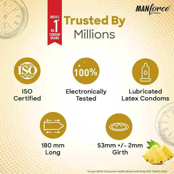 Manforce Overtime Pineapple Flavoured Condoms for Men| 3-in-1 Ribbed, Contoured, & Dotted for Extra Stimulation| Long-Lasting Pleasure | India’s No. 1* Condom Brand| Lubricated Latex Condoms