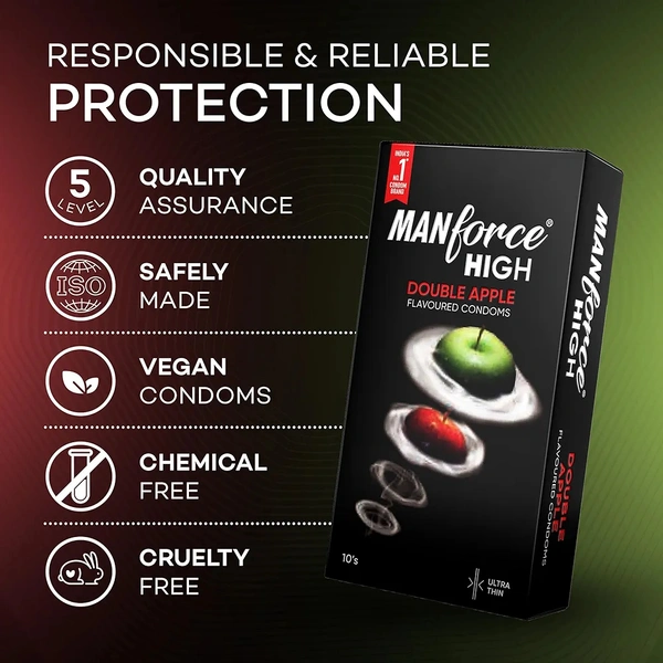 Manforce High Double Apple Flavoured Condoms for Men | 10 pcs | Ultra Thin Condom | Lubricated Latex Condoms | For Her Enhanced Pleasure | India’s No. 1* Condom Brand for Safe Sex