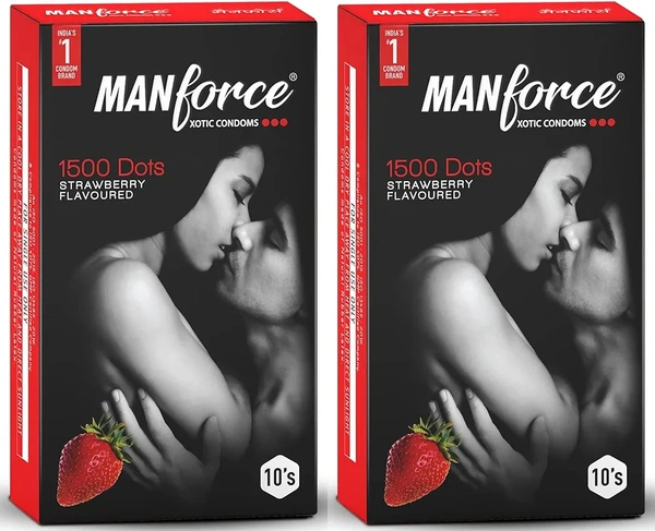 Manforce Xotic Strawberry Flavoured Extra Dotted Condoms for Men| Extra Dotted for Her Extra Stimulation| India’s No. 1* Condom Brand| Lubricated Latex Condoms| Pack of 2