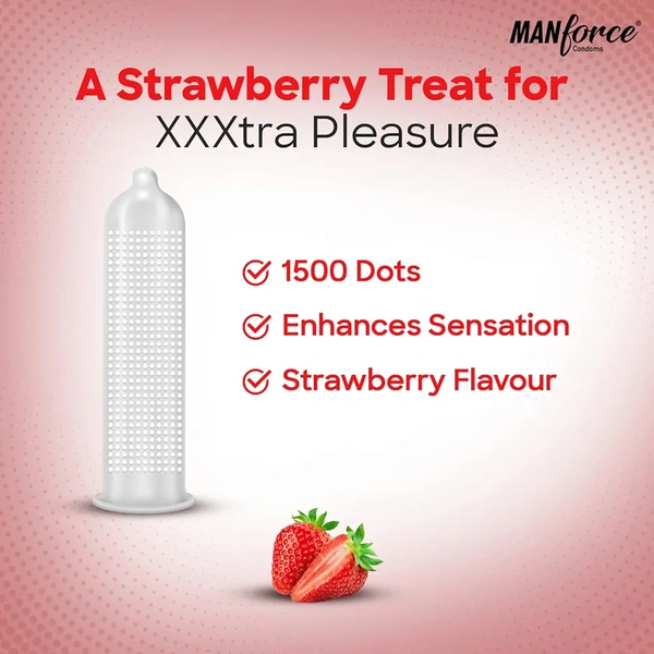 Manforce Xotic Strawberry Flavoured Extra Dotted Condoms for Men| Extra Dotted for Her Extra Stimulation| India’s No. 1* Condom Brand| Lubricated Latex Condoms| Pack of 2