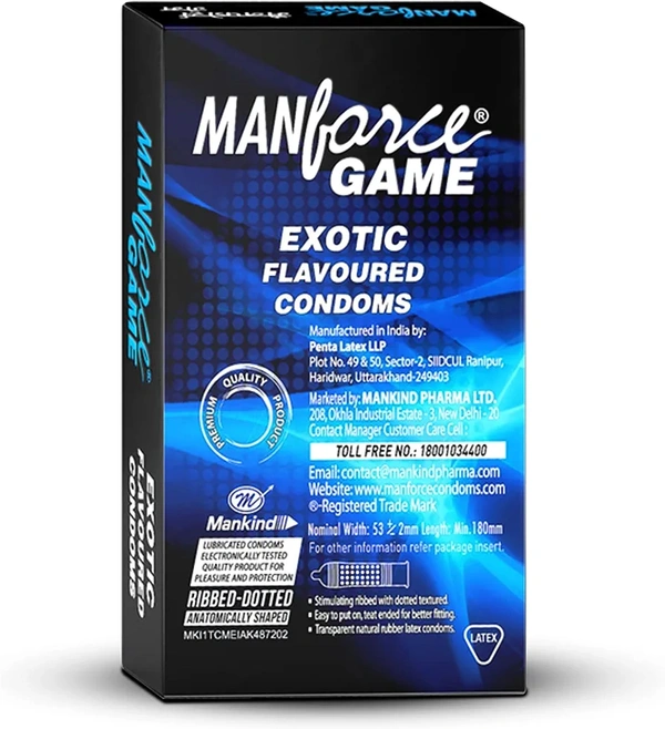 Manforce Game Exotic Flavoured Condoms for Men| 3-in-1 Ribbed, Dotted, & Anatomically Shaped for Intense Pleasure| India’s No. 1* Condom Brand| Lubricated Latex Condoms| Pack of 10