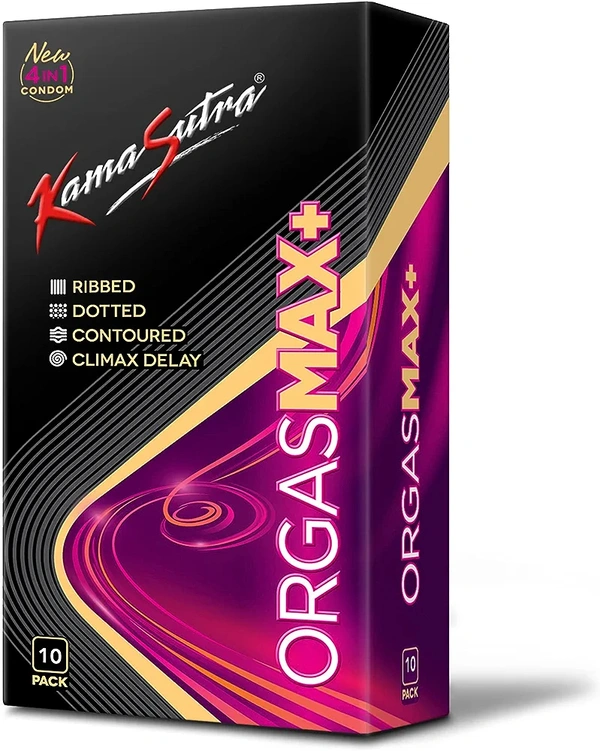 KamaSutra Orgasmax+ Condoms for Men & Women, Dotted and Ribbed for Her Pleasure, Delay Lubricant & Contoured for His Pleasure, Clear, 10 Count