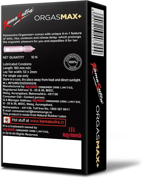 KamaSutra Orgasmax+ Condoms for Men & Women, Dotted and Ribbed for Her Pleasure, Delay Lubricant & Contoured for His Pleasure, Clear, 10 Count