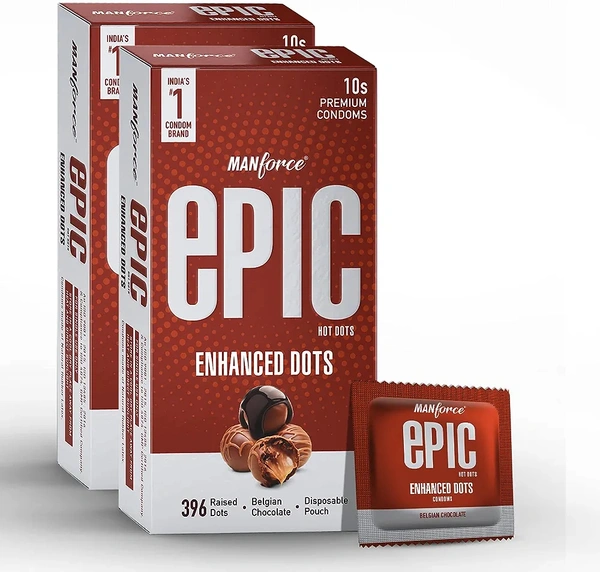 Manforce Epic Hot Dots Enhanced Dotted Premium Condom For Men| With 396 Raised Dots| Belgian Chocolate Flavour| With Disposable Pouch, 2x10s (Pack of 2)