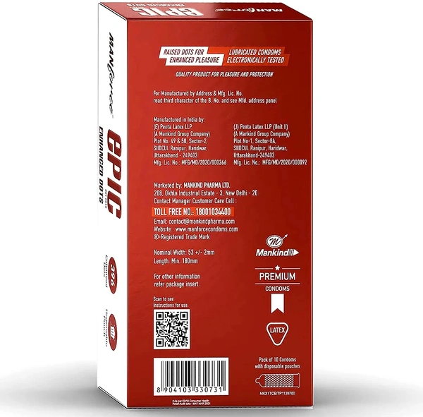 Manforce Epic Hot Dots Enhanced Dotted Premium Condom For Men| With 396 Raised Dots| Belgian Chocolate Flavour| With Disposable Pouch, 2x10s (Pack of 2)