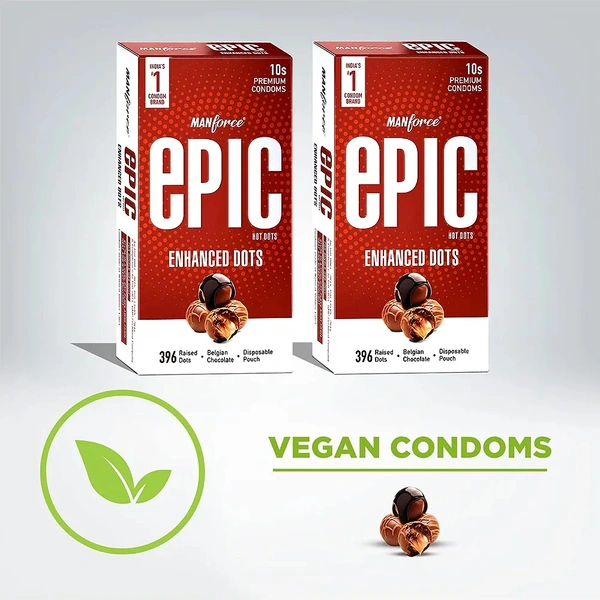 Manforce Epic Hot Dots Enhanced Dotted Premium Condom For Men| With 396 Raised Dots| Belgian Chocolate Flavour| With Disposable Pouch, 2x10s (Pack of 2)
