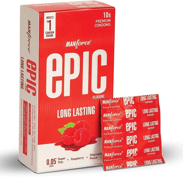 Epic Long Lasting Premium Condoms for Lovemaking| Raspberry Flavour | From India’s No. 1* Condom Brand| Vegan| No Harsh Chemicals| Lubricated Latex Condoms| Pack of 10