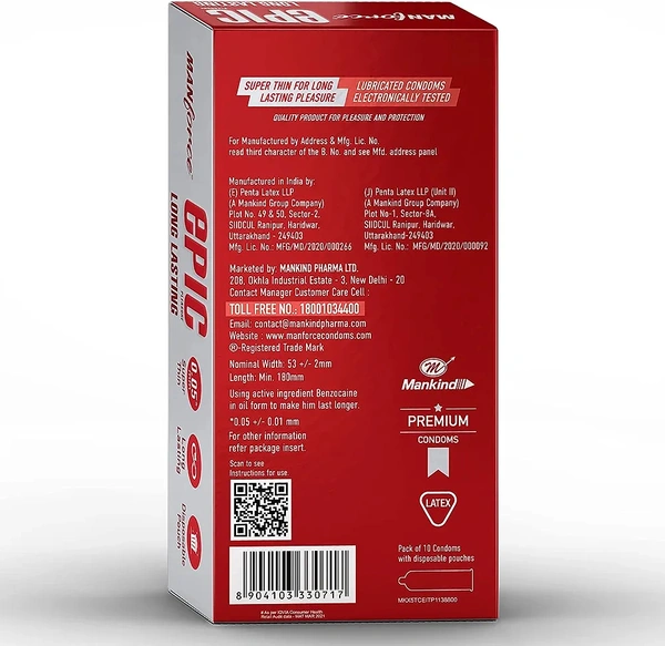 Epic Long Lasting Premium Condoms for Lovemaking| Raspberry Flavour | From India’s No. 1* Condom Brand| Vegan| No Harsh Chemicals| Lubricated Latex Condoms| Pack of 10