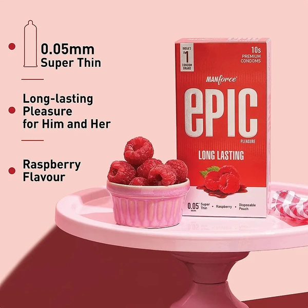 Epic Long Lasting Premium Condoms for Lovemaking| Raspberry Flavour | From India’s No. 1* Condom Brand| Vegan| No Harsh Chemicals| Lubricated Latex Condoms| Pack of 10