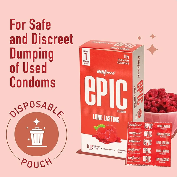 Epic Long Lasting Premium Condoms for Lovemaking| Raspberry Flavour | From India’s No. 1* Condom Brand| Vegan| No Harsh Chemicals| Lubricated Latex Condoms| Pack of 10