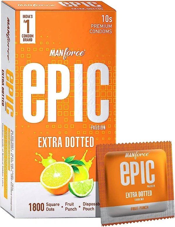 Epic Extra Dotted Premium Condoms For Lovemaking| Fruit Punch Flavour | From India’s No. 1* Condom Brand| Vegan| No Harsh Chemicals| Lubricated Latex Condoms| Pack of 10