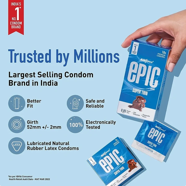 Epic Super Thin Premium Condoms for Lovemaking| Silk Chocolate Flavour| From India’s No. 1* Condom Brand| Vegan| No Harsh Chemicals| Lubricated Latex Condoms| Pack of 10