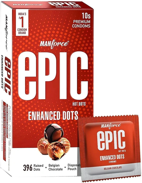 Epic Enhanced Dotted Premium Condoms For Lovemaking| Belgian Chocolate Flavour| From India’s No. 1* Condom Brand| Vegan| No Harsh Chemicals| Lubricated Latex Condoms| Pack of 10