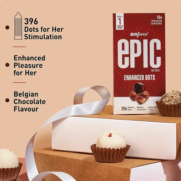 Epic Enhanced Dotted Premium Condoms For Lovemaking| Belgian Chocolate Flavour| From India’s No. 1* Condom Brand| Vegan| No Harsh Chemicals| Lubricated Latex Condoms| Pack of 10