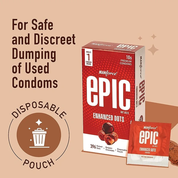 Epic Enhanced Dotted Premium Condoms For Lovemaking| Belgian Chocolate Flavour| From India’s No. 1* Condom Brand| Vegan| No Harsh Chemicals| Lubricated Latex Condoms| Pack of 10