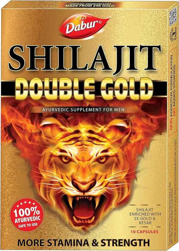DABUR Shilajit Double Gold-10 Capsules|2X Stamina&Strength|100% Ayurvedic Capsules For More Strength,Power,Energy&Stamina|Helps In Countering Weakness|Premium Vitality Ayurvedic Supplement|For Men