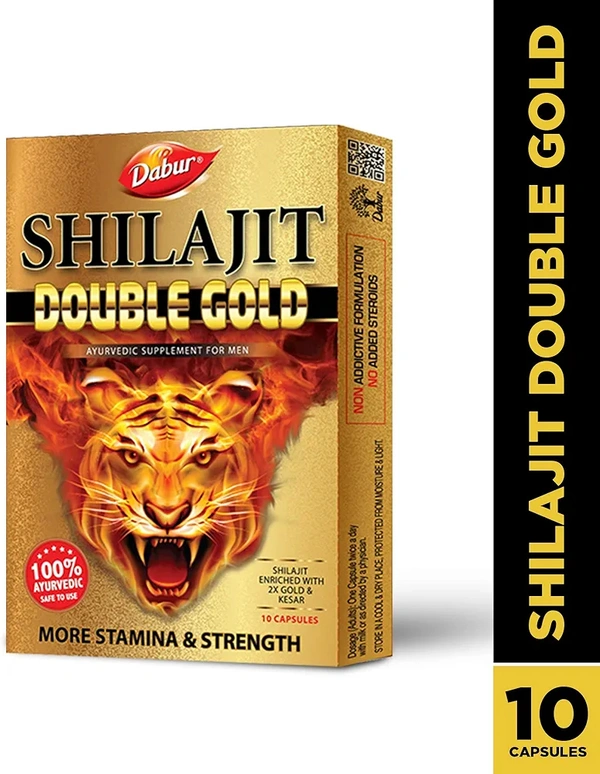DABUR Shilajit Double Gold-10 Capsules|2X Stamina&Strength|100% Ayurvedic Capsules For More Strength,Power,Energy&Stamina|Helps In Countering Weakness|Premium Vitality Ayurvedic Supplement|For Men