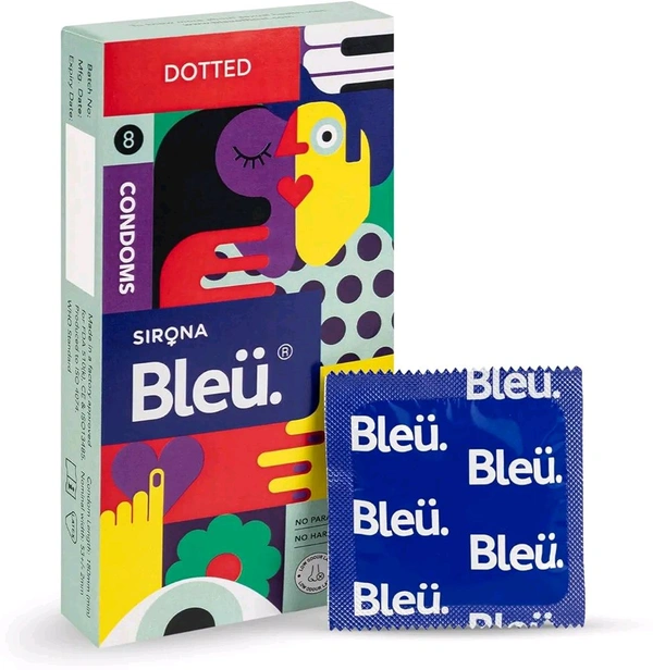 Bleu Vegan & 100% Natural Latex Dotted Condoms for Men | with Extra Dots | Toxin Free - 8 Count (Pack of 1)