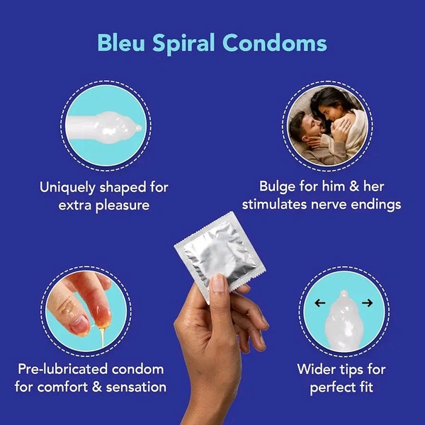 Spiral by Bleu – Toxin Free Condoms for Men - Unique Shaped head (first in India) for enhanced stimulation, improved experience, vegan & odourless, Pack of 1 (8 Count)