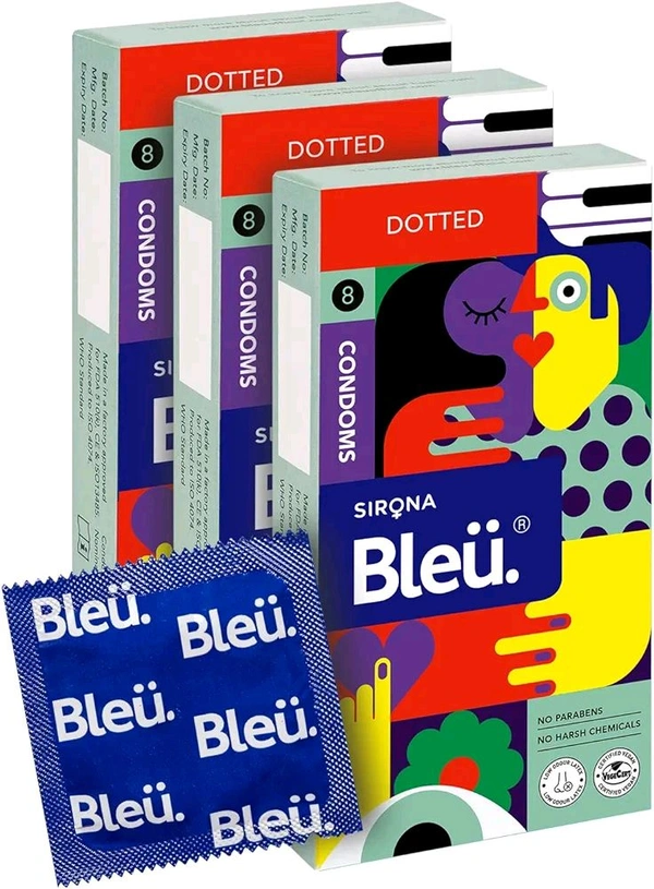 Bleu Vegan & 100% Natural Latex Dotted Condoms for Men | with Extra Dots | Toxin Free - 8 Count (Pack of 3)