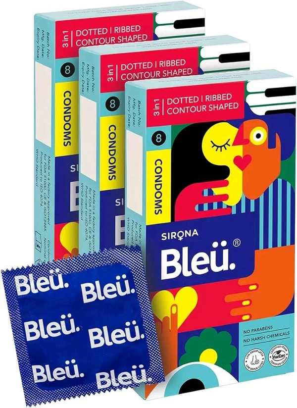 Bleu Vegan & 100% Natural Latex, 3-In-1 Condoms for Men | Dotted, Ribbed & Contour Shaped - 8 Count (Pack of 3)