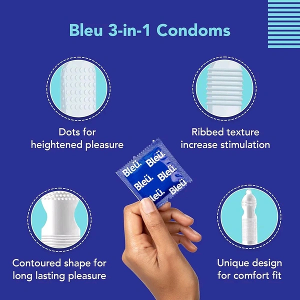Bleu Vegan & 100% Natural Latex, 3-In-1 Condoms for Men | Dotted, Ribbed & Contour Shaped - 8 Count (Pack of 3)