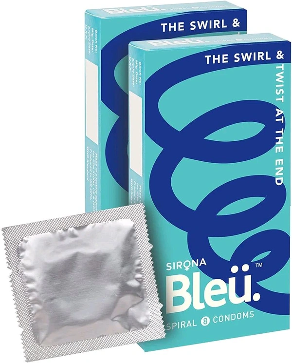 Bleu Spiral Toxin Free Condoms for Men - Unique Shaped head (first in India) for enhanced stimulation, improved experience, vegan & odourless , Pack of 2 (16 Count)