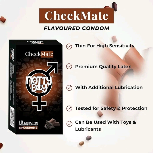NOTTY BOY Checkmate Ultra Thin Chocolate Flavoured Condoms For Men - 10 Pieces (Pack Of 1) Proper Fit | Convenient To Carry | Extra Sensation And Transparent, Natural Feeling