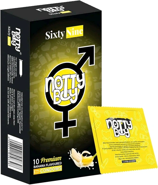 NOTTY BOY Sixtynine Tropical Banana Thin Flavoured Condoms - (Pack of 1, 10 Pieces) | Taste Safe | Super Slim | Natural Latex | Snugly Fitted Condom For Men
