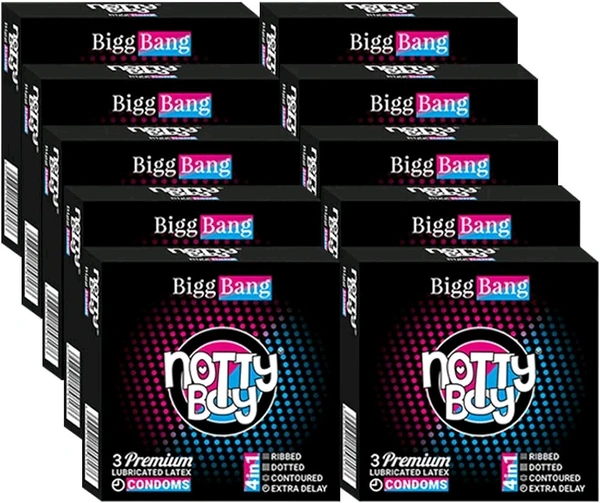 NOTTY BOY BiggBang 4-in-1 Delay Ribbed Dotted Contoured Extra Time Condom For Men - 30 Count | 4in1 Multi Textured, Natural and Comfort Feel | Ribs And Dots