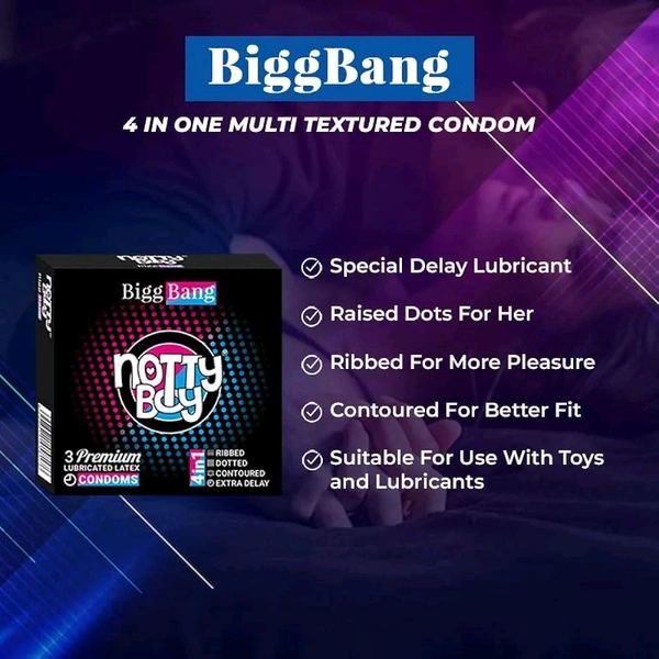 NOTTY BOY BiggBang 4-in-1 Delay Ribbed Dotted Contoured Extra Time Condom For Men - 30 Count | 4in1 Multi Textured, Natural and Comfort Feel | Ribs And Dots