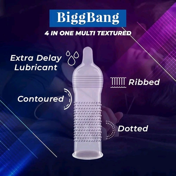 NOTTY BOY BiggBang 4-in-1 Delay Ribbed Dotted Contoured Extra Time Condom For Men - 30 Count | 4in1 Multi Textured, Natural and Comfort Feel | Ribs And Dots
