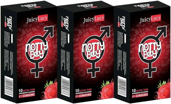 NOTTY BOY JuicyLuicy Ultra Thin Strawberry Flavoured Condom For Men- 30 Count | Silky and Smooth Flavour Condoms | Suitable for Oral Use | Clear, Transparent