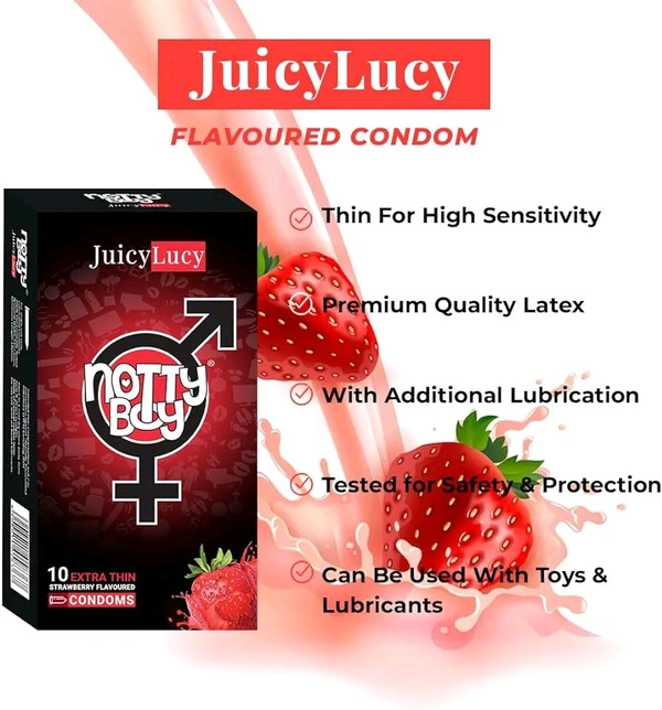 NOTTY BOY JuicyLuicy Ultra Thin Strawberry Flavoured Condom For Men- 30 Count | Silky and Smooth Flavour Condoms | Suitable for Oral Use | Clear, Transparent