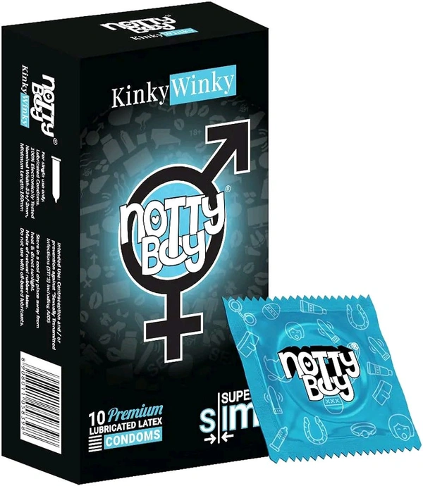 NOTTY BOY Kinkywinky Ultra Thin Condoms For Men - Pack Of 1, 10 Pieces | Secure And Natural Fit | Extra Sensation | Sleek And Slender | Transparent, Smooth