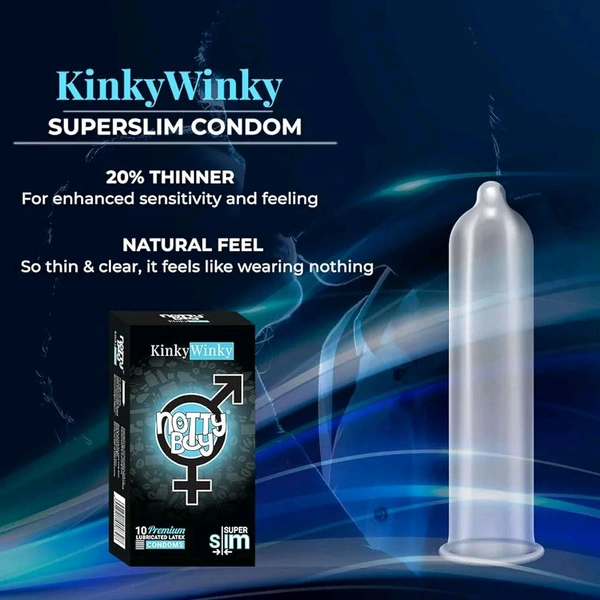 NOTTY BOY Kinkywinky Ultra Thin Condoms For Men - Pack Of 1, 10 Pieces | Secure And Natural Fit | Extra Sensation | Sleek And Slender | Transparent, Smooth