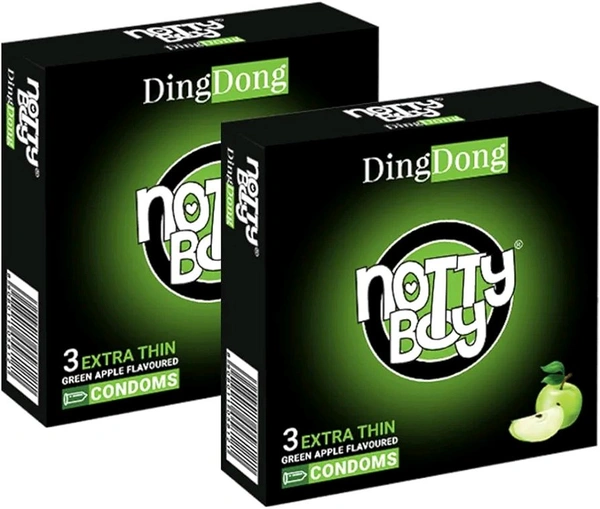NOTTY BOY DingDong Green Apple Flavoured Extra Thin Condoms For Men- Pack of 2, 6pcs | Latex | Organic | Oral Enhancement | Fun and Playful | Flavourful Protection