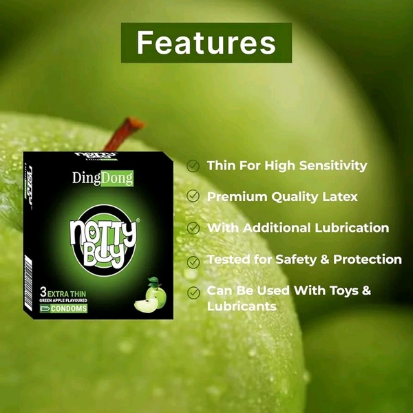 NOTTY BOY DingDong Green Apple Flavoured Extra Thin Condoms For Men- Pack of 2, 6pcs | Latex | Organic | Oral Enhancement | Fun and Playful | Flavourful Protection