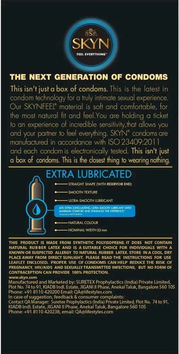 Skyn Extra Lubricated condoms for men- 10 count | Feel Everything | Latex Free