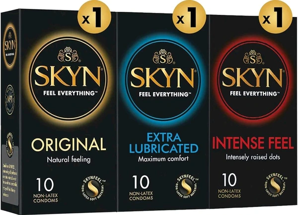 Skyn Multi Pack Condoms for Men (Original, Extra lube, Intensefeel) 30 count(Pack of 3) |Feel Everything|Latex Free
