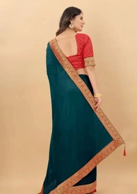 Attractive Silk Blend Lace Work Saree with Blouse piece - Teal