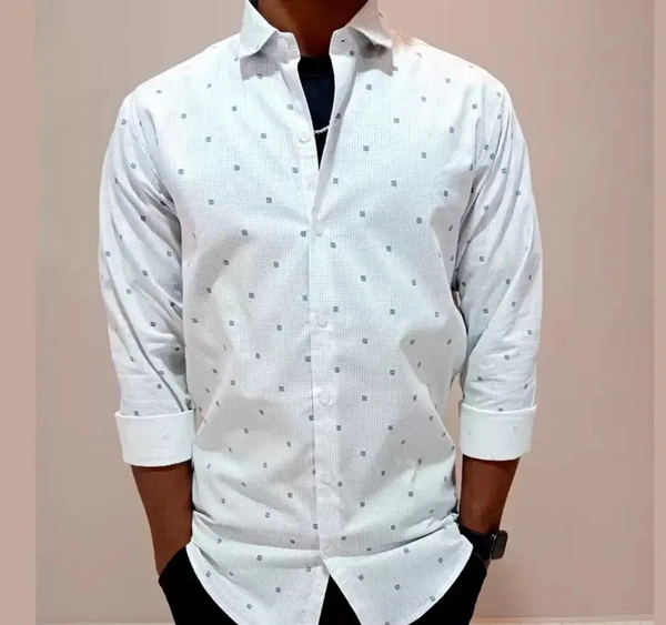 Peter Europe  Men's White Cotton Printed Long Sleeves Regular Fit Casual Shirt - M, White