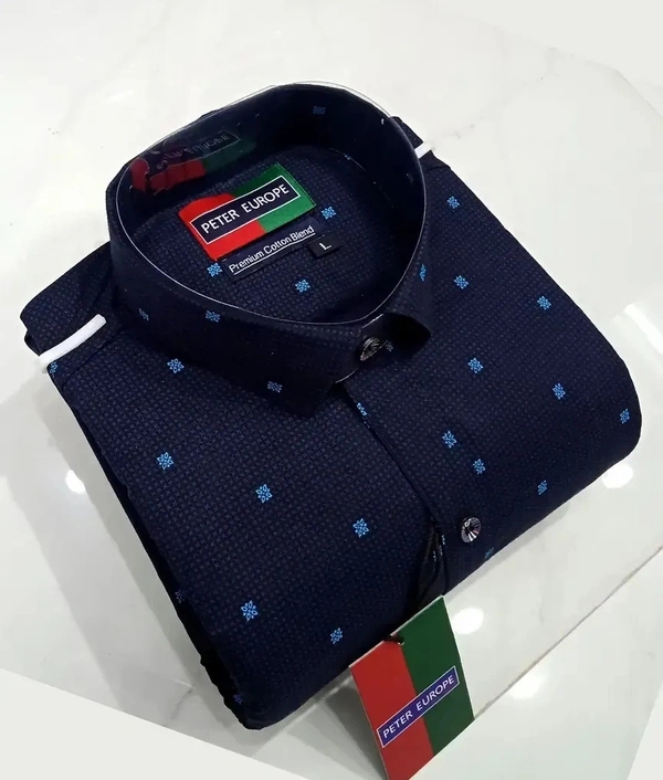Peter Europe  Men's Navy Blue Cotton Printed Long Sleeves Regular Fit Casual Shirt - Navy Blue, M