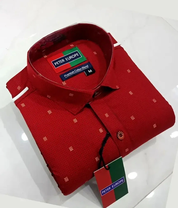 Peter Europe  Men's Red Cotton Printed Long Sleeves Regular Fit Casual Shirt - Red, XXXL