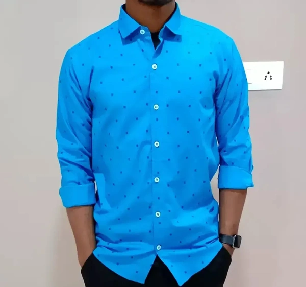Peter Europe Men's Blue Cotton Printed Long Sleeves Regular Fit Casual Shirt - Blue, XL