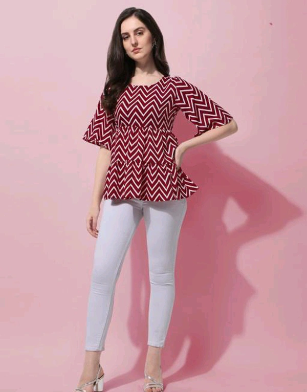 Red Geometric Print Layered Top in Crepe fabric with Round Neck and Half Sleeve - XL