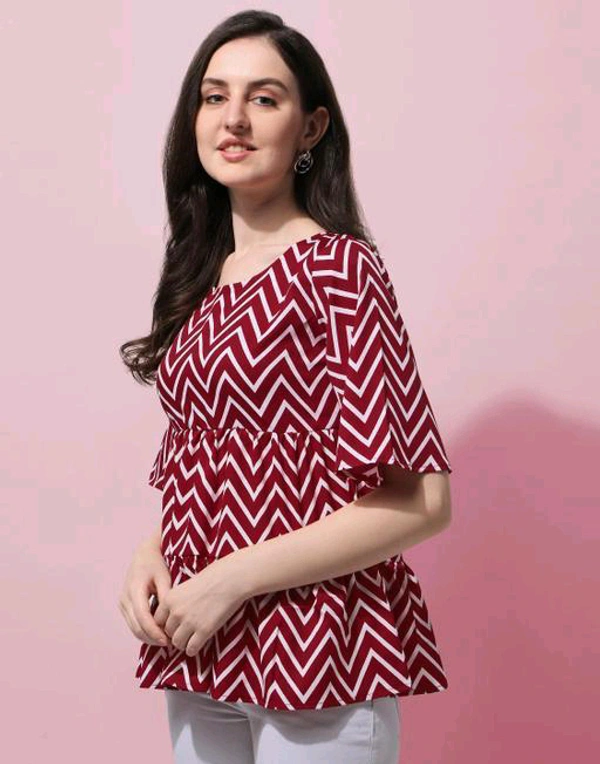 Red Geometric Print Layered Top in Crepe fabric with Round Neck and Half Sleeve - XL